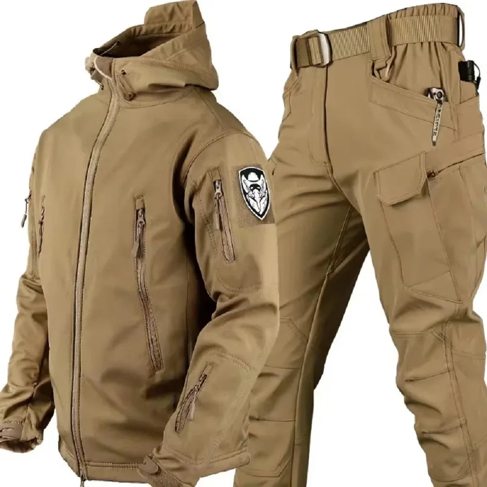 Winter Thicken Men Camo Suit Waterproof Tactical Training Set Multi-pocket Hooded Jacket Fleece Pants Outdoor Hunting 2-piece Good Vibrations