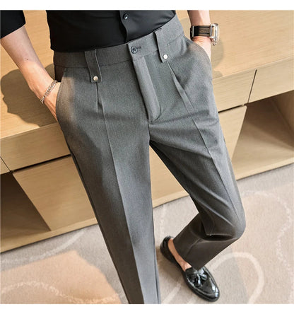 Mens Suit Pants 2025 Autumn New British Style Elastic Waist Solid Casual Formal Dress Pants Slim Fit Trousers for Men Clothing Good Vibrations