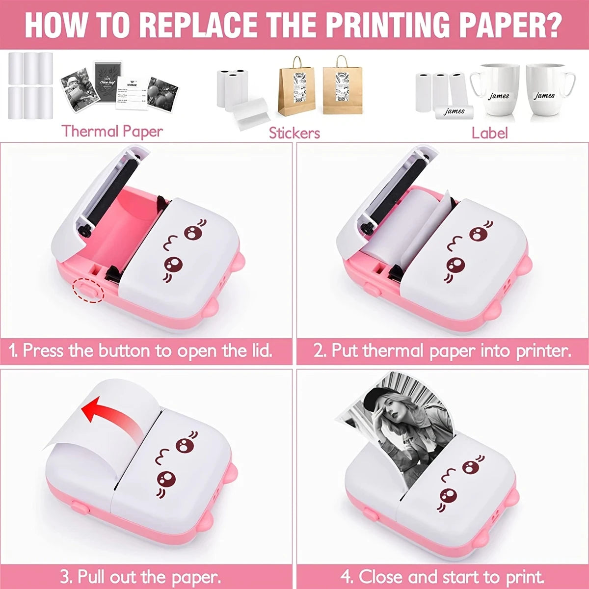 Mini HD Portable Label Thermal Printer Endurance Bluetooth Printer for Student Error Title Note Wrong Pocket Inkless Printing Good Vibrations