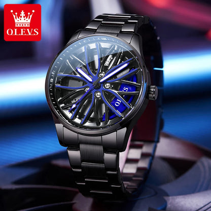 OLEVS Watch for Men 360° Rotary Dial Sport Car Rim Wheel Hub Waterproof Luminous Fashion Stainless Steel Men's Quartz Wristwatch Good Vibrations