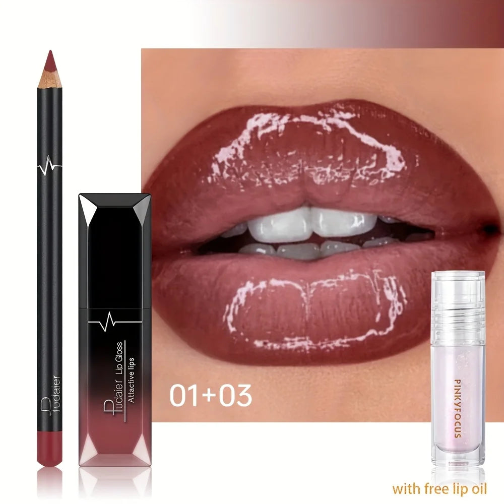 Lip Liner and Gloss Set with Free Lip Oil - Create Gorgeous Glossy Lips with Layer of Nude Lip Oil, lip color,lip Good Vibrations