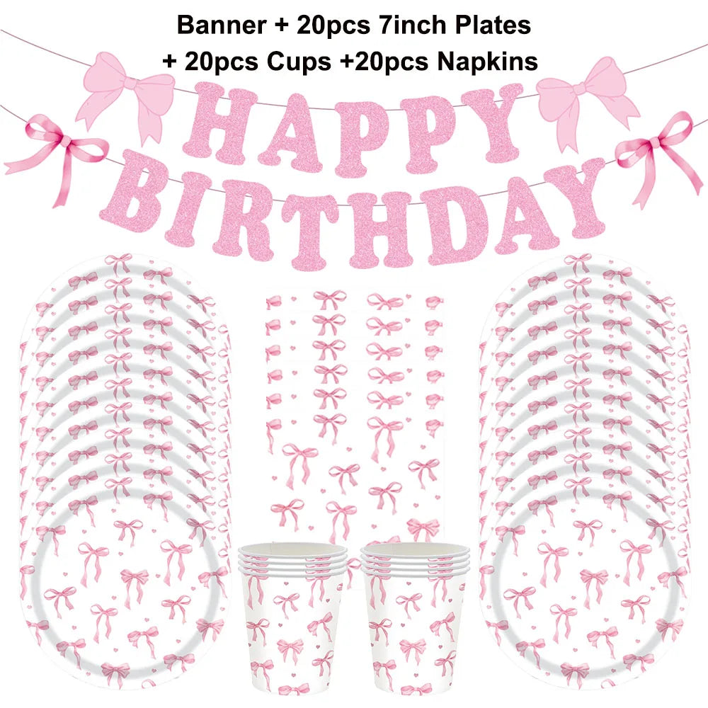 Pink Banner Happy Birthday Bow Balloon Straw Disposable Paper Plate Napkin Cup Tableware Princess Girl Birthday Party Supplies Good Vibrations