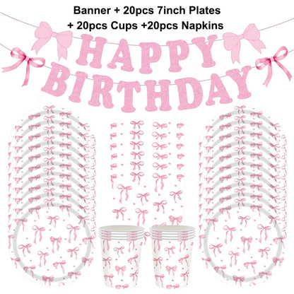 Pink Banner Happy Birthday Bow Balloon Straw Disposable Paper Plate Napkin Cup Tableware Princess Girl Birthday Party Supplies Good Vibrations