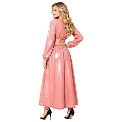 Women's Dress Set Waterproof Two Pieces Outfits Clubwear Long Sleeve Crew Neck Crop Top A-Line Swing Hem Midi Skirt Party Wear Good Vibrations
