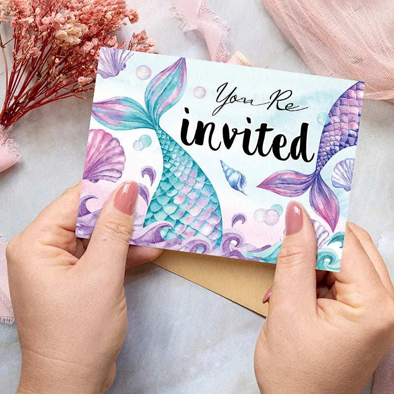 12pcs Mermaid Invitation Cards, Double-Sided Birthday Party Invites, Underwater Theme Party Decorations Supplies Good Vibrations