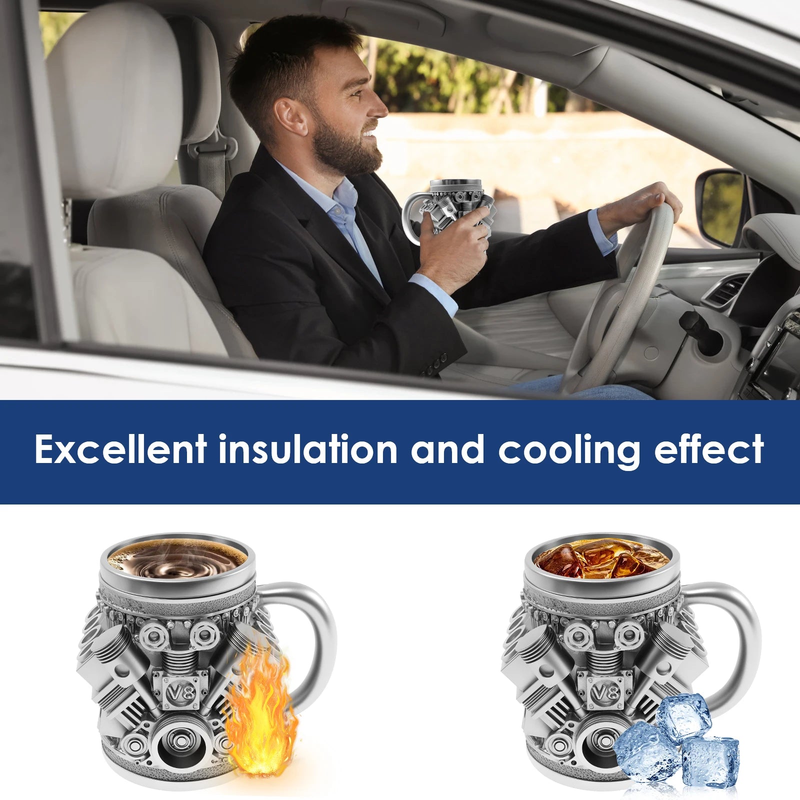 Engine Coffee Mug 350ml Creative Car V8 Engine Coffee Cup with Handle Novelty Stainless Steel Beverage Mugs for Car Lovers Gifts Good Vibrations