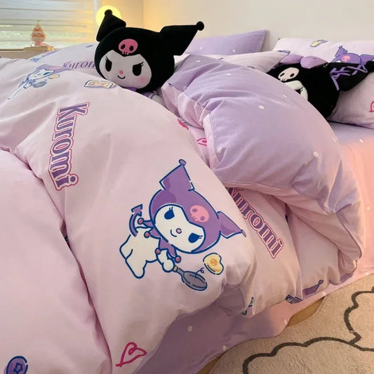 Sanrio 100% Cotton Bedding Set Cute Hello Kitty Kuromi Melody King Queen Pillowcase Bed Linens Girl Dorm Bedclothes Home Textile Good Vibrations