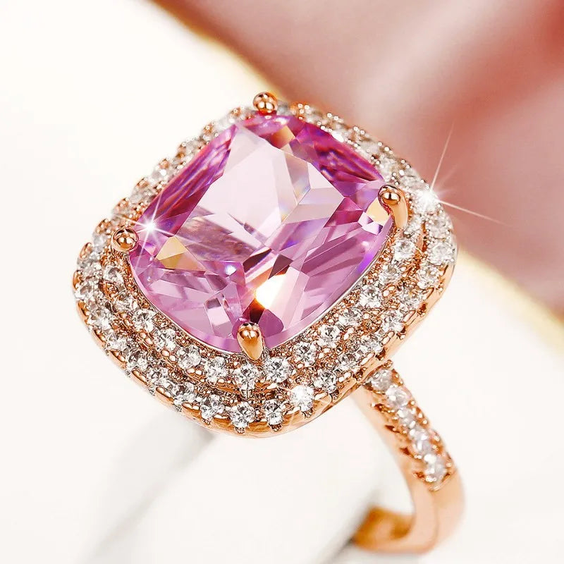 Pink Cubic Zirconia Ring Suitable for Women's Engagement Wedding Luxury Accessories Sparkling Silver Fashion Jewelry Good Vibrations
