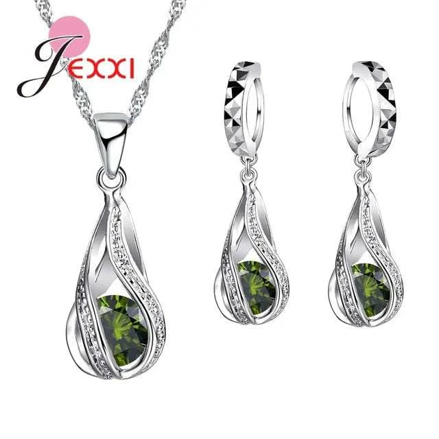 8 Colors Best Gift for Women Girls Friends 925 Sterling Silver Jewelry Set CZ Cubic Zircon Water Drop Necklace Dangle Earrings Good Vibrations Adult Super Store