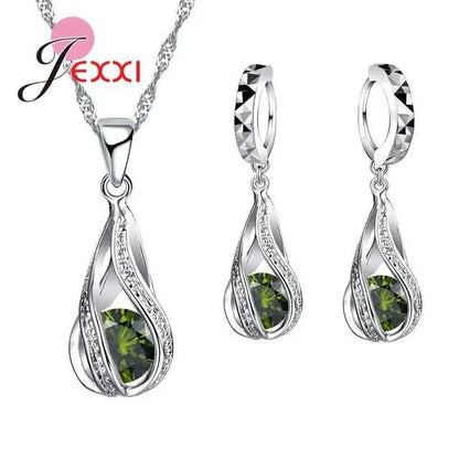 8 Colors Best Gift for Women Girls Friends 925 Sterling Silver Jewelry Set CZ Cubic Zircon Water Drop Necklace Dangle Earrings Good Vibrations Adult Super Store