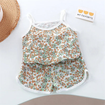 2026 New Kids Tops+shorts Set Summer Thin Baby Cotton Vest Sleeveless Loungewear Set for Girls Suit Good Vibrations