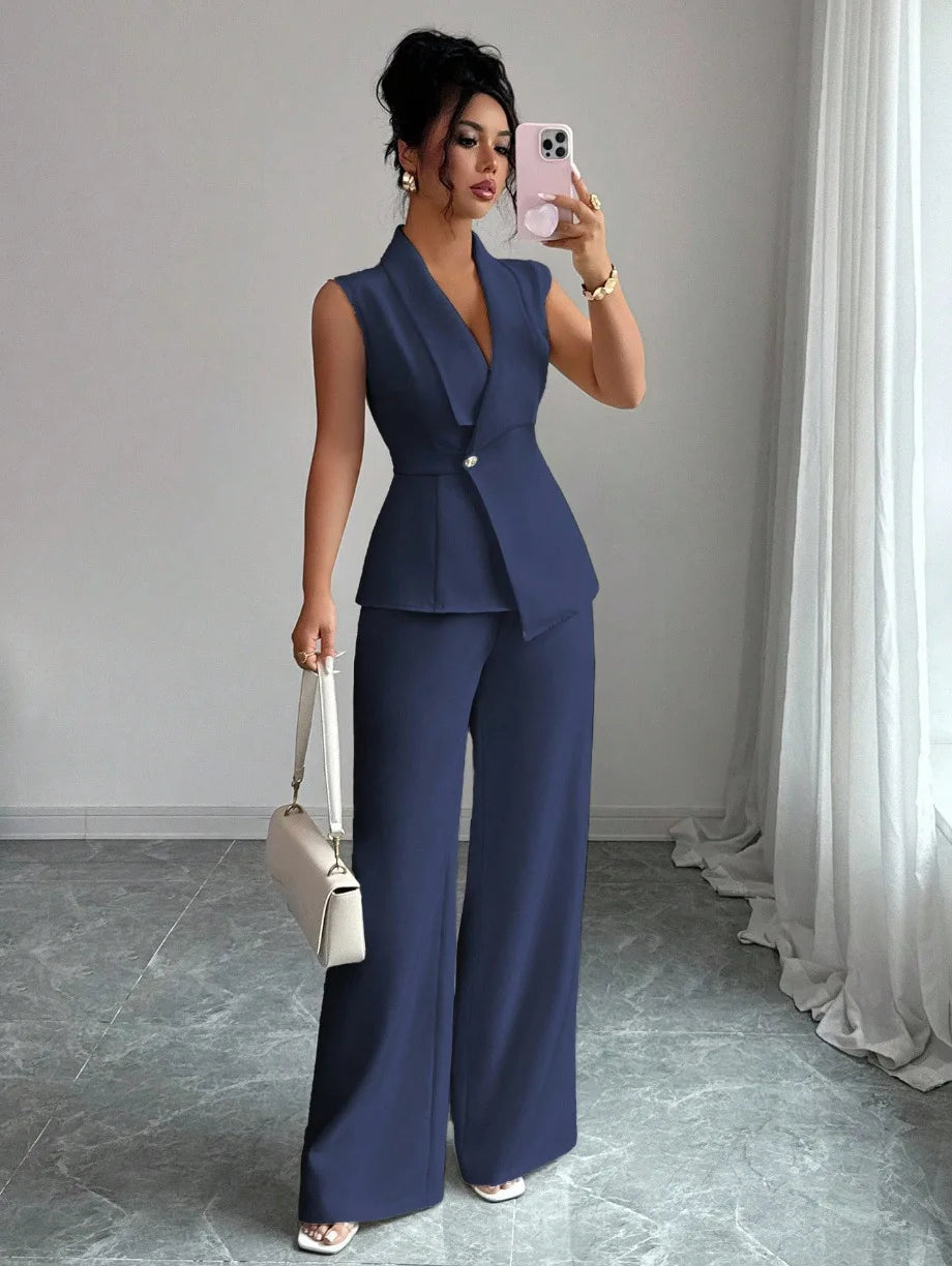Women's Elegant 2 Piece Outfit Sleeveless V-Neck Single Button Blazer Vest and Wide Leg Pants Set Business Office Workwear Sui Good Vibrations