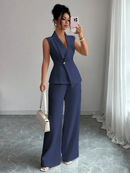 Women's Elegant 2 Piece Outfit Sleeveless V-Neck Single Button Blazer Vest and Wide Leg Pants Set Business Office Workwear Sui Good Vibrations