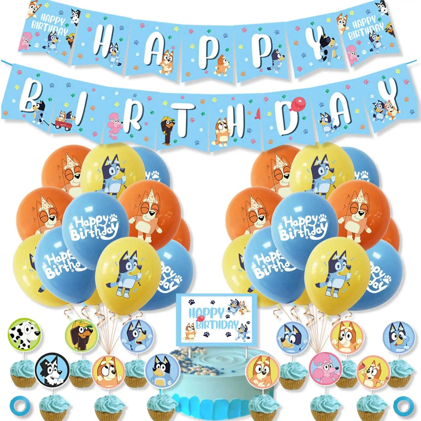 Bluey Christmas Birthday Party dinnerware Disposable Banner Cake Topper Hanging Flag bluey number Balloons Birthday Decoration Good Vibrations