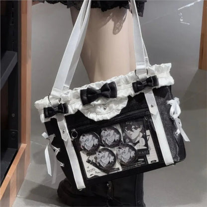 JIAERDI Lolita Cute Bow Shoulder Bag Ladies Harajuku Leather Square Large Capacity Ita Bag Anime Handle Purse Y2K Tote Bag 2025 Good Vibrations
