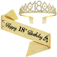 2Pcs/Set Crown and Pearl Pin Set for 18th Birthday - Happy 18th Birthday Sash, Tiara, Cake Topper, Decorations and Gift for Her Good Vibrations