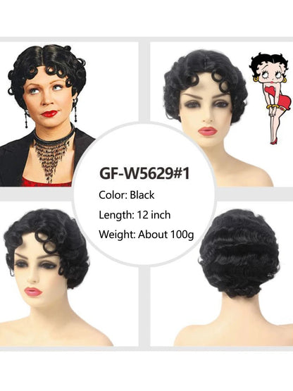 REEWES Short Curly Finger Wave Wigs With Oblique Bangs 1920s Retro Wavy Cosplay Costume Wig Classy Vintage Wavy Style For Women Good Vibrations