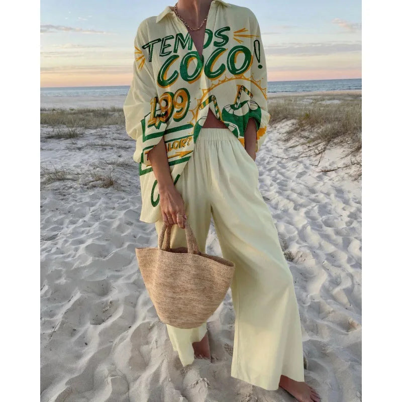 Women's Two Piece Set Print Shirt Pants Suit Single Breasted Lapel Short Sleeve Shirt And Wide Leg Trousers Sets, Lady Outfits Good Vibrations