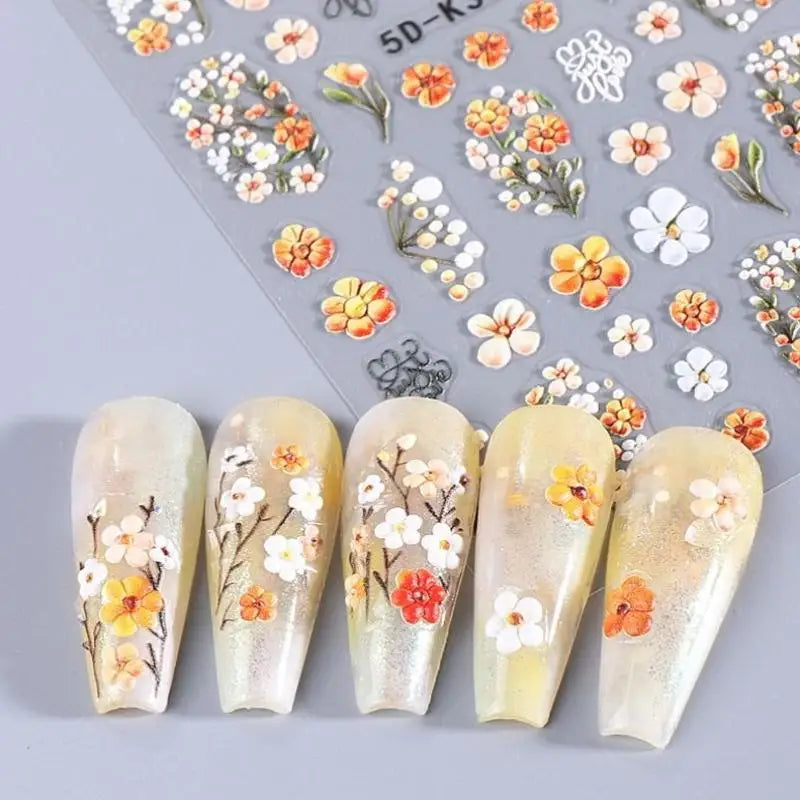 ★★★Colorful 5D Flower Embossed Nail Stickers Fresh Floral Designs Five-Petal Flower Self-Adhesive DIY Nail Art Decals Good Vibrations