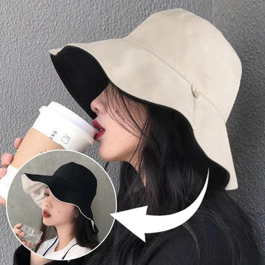 Summer Women Double-sided Bucket Hats Fashion Big Brim Foldable Solid Sun Hat Outdoor Beach Visor Caps Fisherman Cap for Travel Good Vibrations