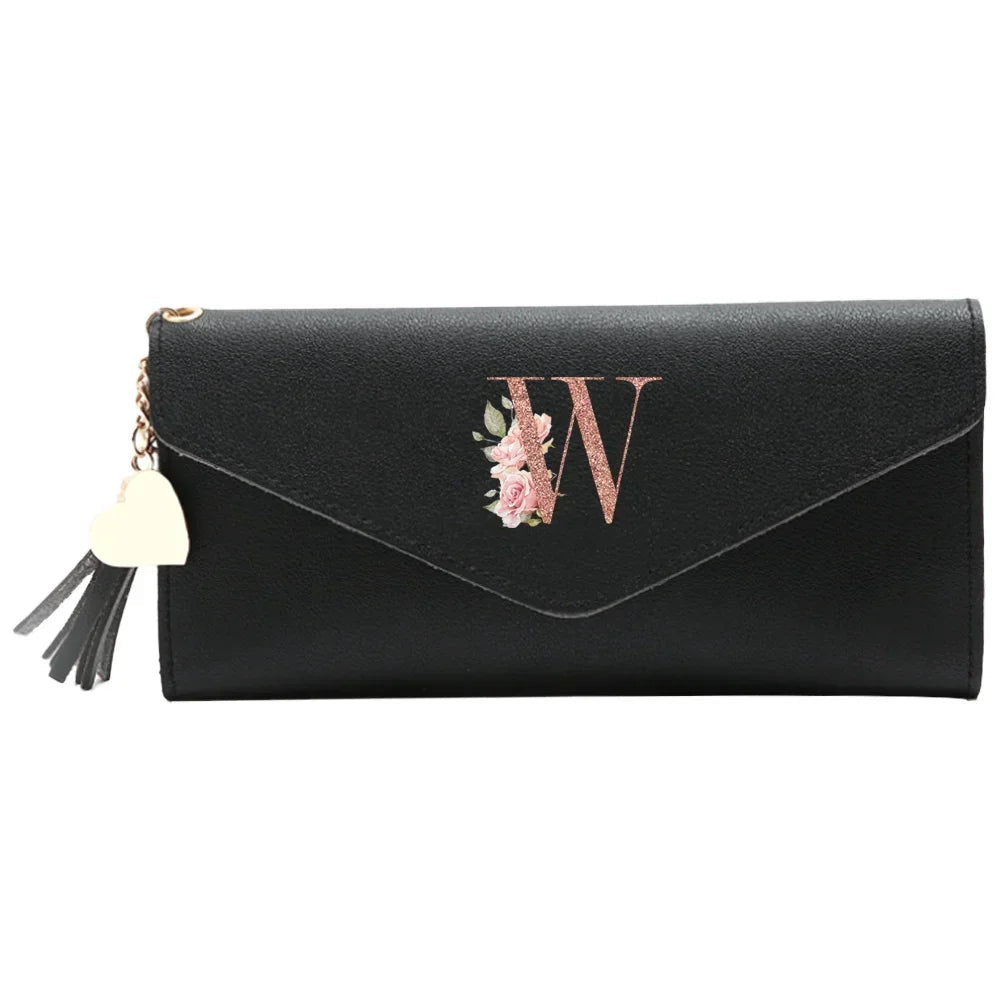 Wallet Black Small Leather Coin Purse Rfid Blocking Wallet Rose Gold Pattern Mini Purse with ID Window for Women Good Vibrations