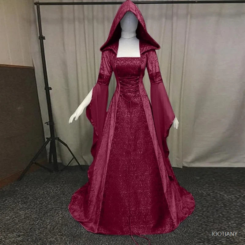 Halloween Women Hooded Gothic Dress Costume Cosplay Medieval Corset Renaissance Victorian Dresses Retro Style Holiday Party Good Vibrations