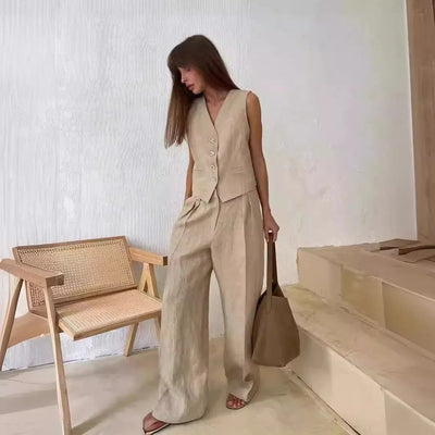 2025 New Women Linen Cotton Chic Vest ＆ Pants Suit Two-Piece Set Office Ladies Summer Chic 2 Piece Sets Women's Outfits Good Vibrations