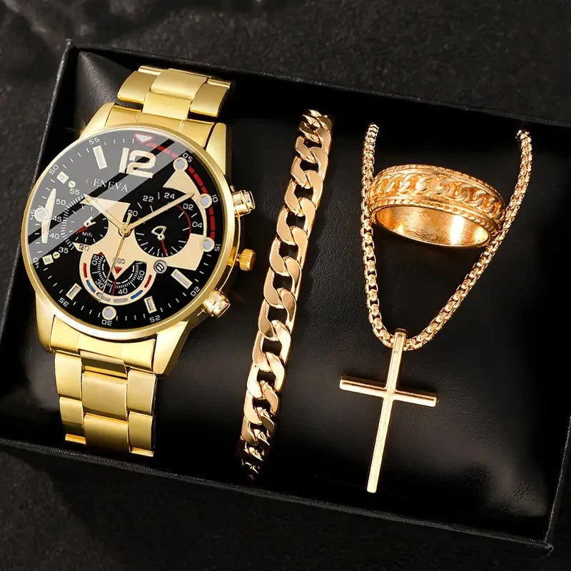 4pcs gold alloy Roman with calendar men's quartz watch and cross necklace bracelet ring set selected gift Good Vibrations