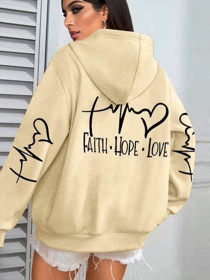 Faith Hope Love Letter Graphic Printed Women Hoodies Fleece Harajuku Hoody Casual Loose Y2K Clothes Pocket Autumn Pullover Good Vibrations