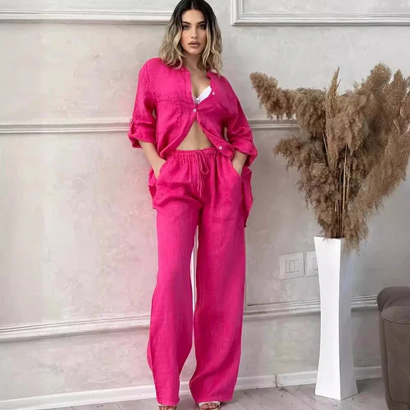 Women Two Piece Sets Spring Autumn Casual Long Sleeve Pocket Shirts 2 Piece Set Fashion Loose Wide Leg Pants OL Work Suit Outfit Good Vibrations