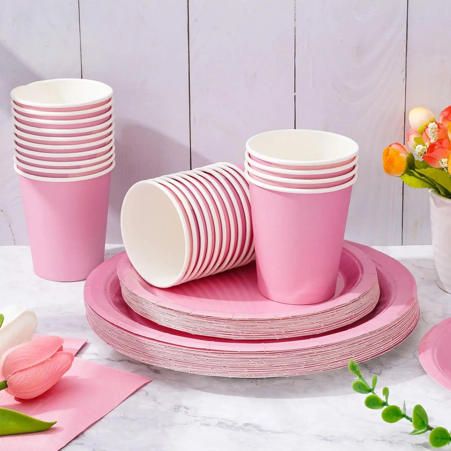 Solid Color Party Set Light Pink Tableware Paper Cup Paper Plate Tablecloth Wedding Birthday Bride Party Supplies Decorations Good Vibrations