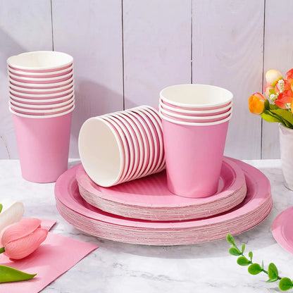 Solid Color Party Set Light Pink Tableware Paper Cup Paper Plate Tablecloth Wedding Birthday Bride Party Supplies Decorations Good Vibrations