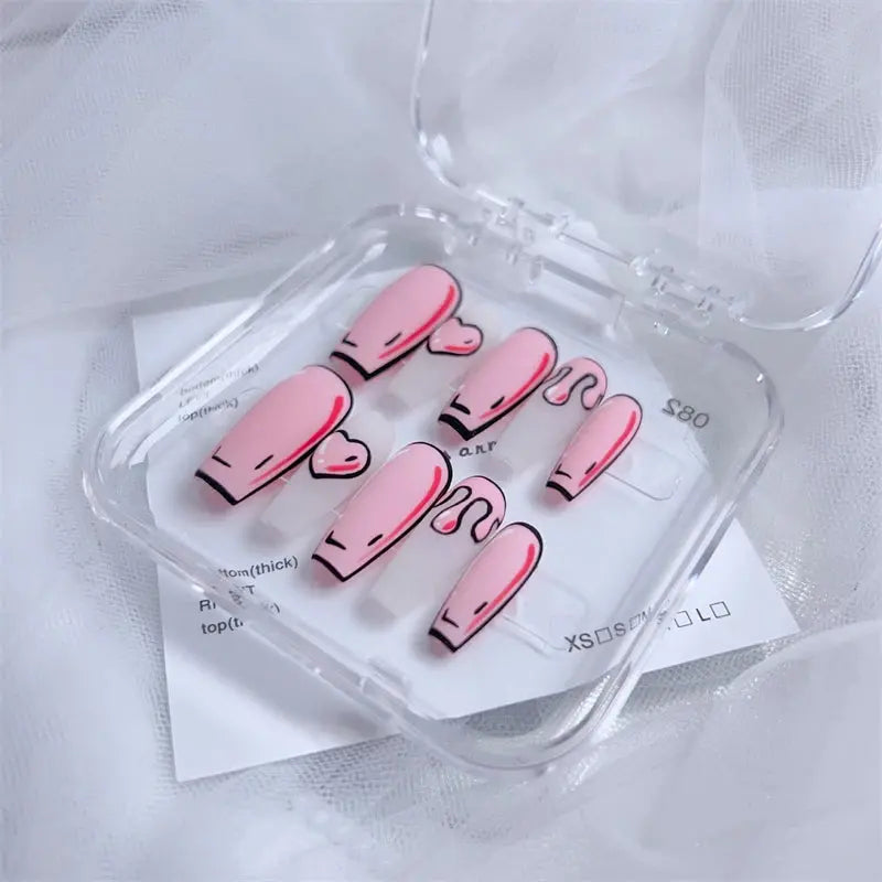 Handmade Cute Press on Nails 3D Comic Fake Nails Dreamy Pink Hearts Acrylic False Nails Full Cover Finger Tips Kit Nail Art Girl Good Vibrations