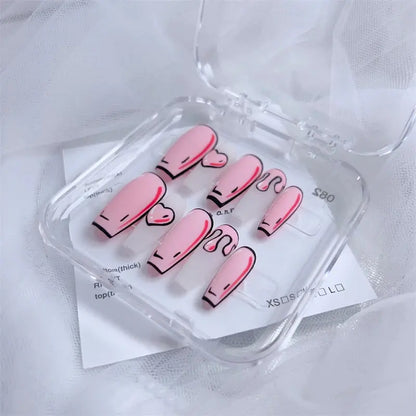 Handmade Cute Press on Nails 3D Comic Fake Nails Dreamy Pink Hearts Acrylic False Nails Full Cover Finger Tips Kit Nail Art Girl Good Vibrations