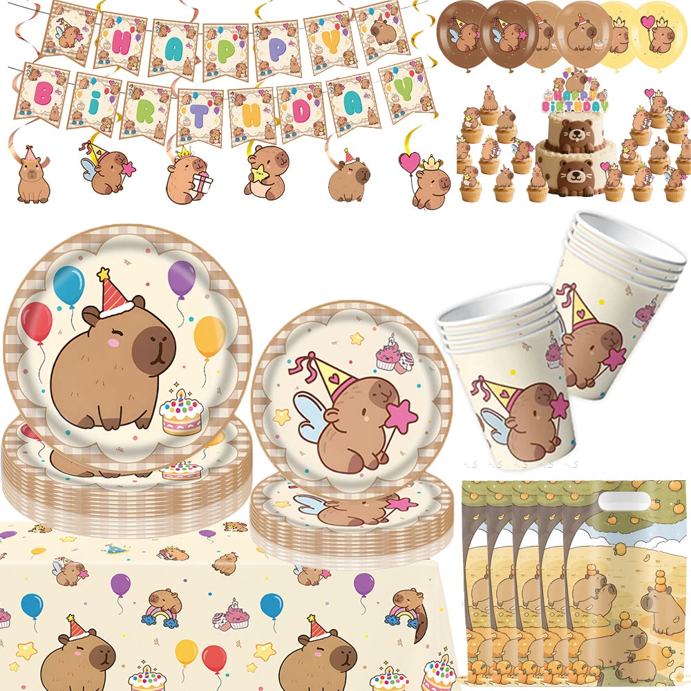Cartoon Capybara Birthday Party Decoration Disposable Tableware Cup Plate Napkins Tablecloth Banner Baby Shower Party Supplies Good Vibrations