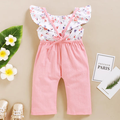 1-5Years Toddler Girl Clothes Set Floral Print Lotus Leaf Sleeve Top+ Suspender Pant Summer Fashion  2PCS Outfits for Kids Girl Good Vibrations