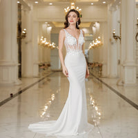 MisShow Elegant Straps White Mermaid Wedding Dresses Lace Pearls Backless V Neck Sleeveless Formal Party Gowns Vestido Marriee Good Vibrations