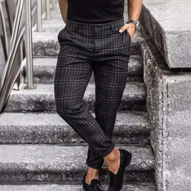 Suit Pant Men Long Pants Plaid Mid Waist Simple Slim Fit Zipper Splice Casual Regular Autumn Winter 2024 Straight Trousers Good Vibrations
