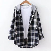 Autumn Women Shirts Hoodie Coat Plaid Print Loose Hooded Long Sleeves Drawstring Cardigan Single-breasted Buttons Spring Jacket Good Vibrations