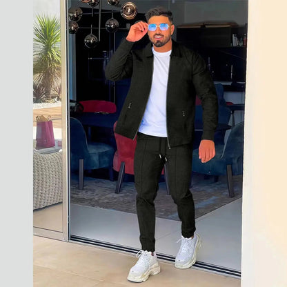 Autumn Winter Men's Casual Blazer Set New Fashion Waffle Baseball Suit Round Neck Pocket Zipper Long Sleeve Trousers Two-Piece S Good Vibrations