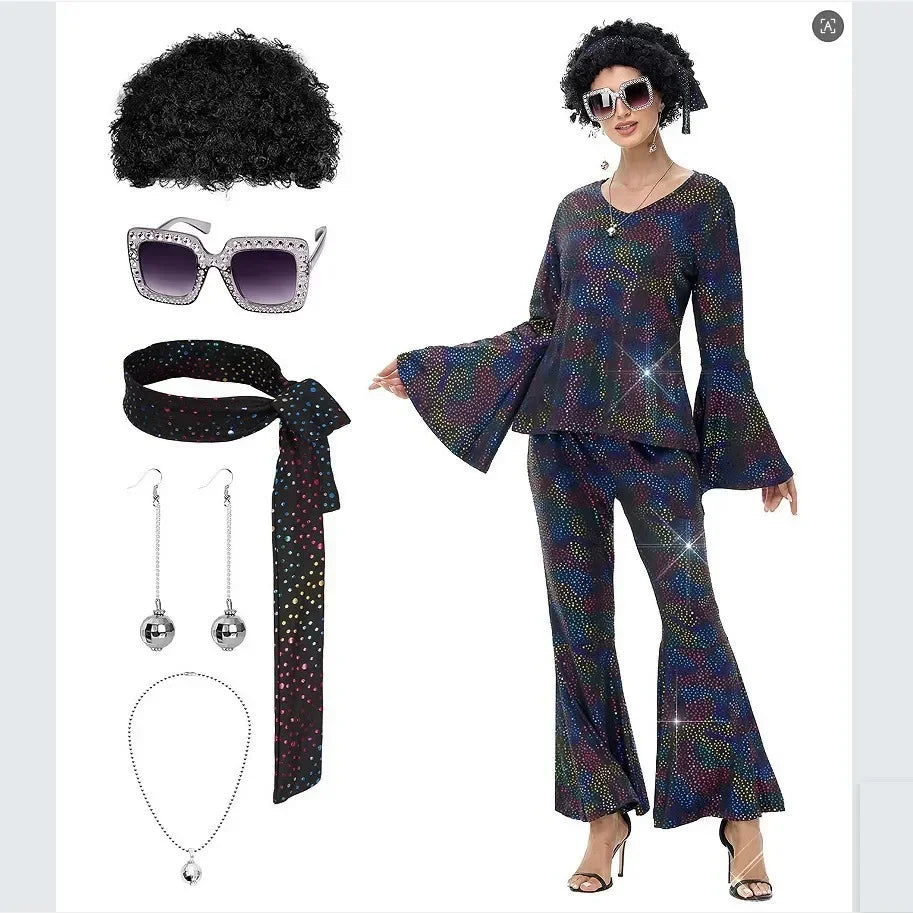 70s Women Disco Outfit Costume Disco Party Top Pants Sunglasses Ball Necklace Earring Wig for Halloween Easter Party Dress Up Good Vibrations