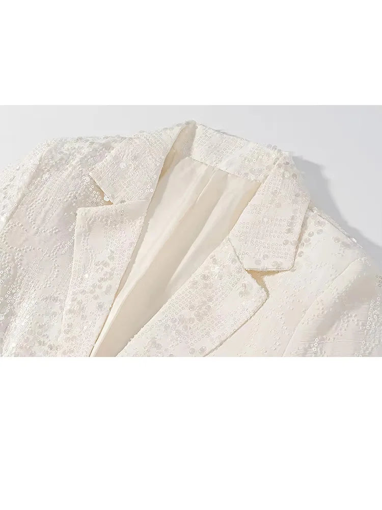 HH Women's Chic Set Sequins Turn-Down Collar Pockets Single-Breasted Blazers+High Waist Zipper Trousers Female Sets Trendy Good Vibrations