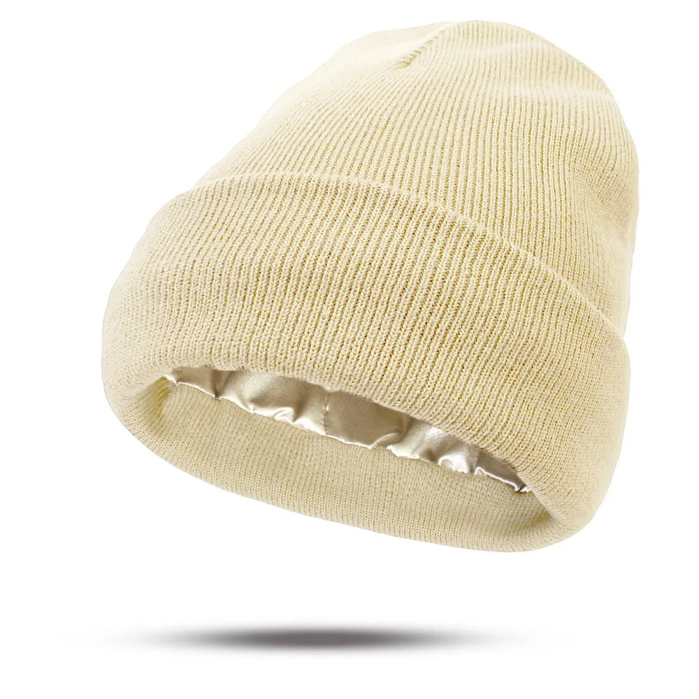 Women's Hats for Autumn&Winter-Comfortable Stylish Versatile Warm-Keeping Hairstyle-Protecting Knitted Satin Woolen Hats Good Vibrations