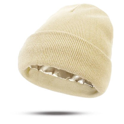 Women's Hats for Autumn&Winter-Comfortable Stylish Versatile Warm-Keeping Hairstyle-Protecting Knitted Satin Woolen Hats Good Vibrations