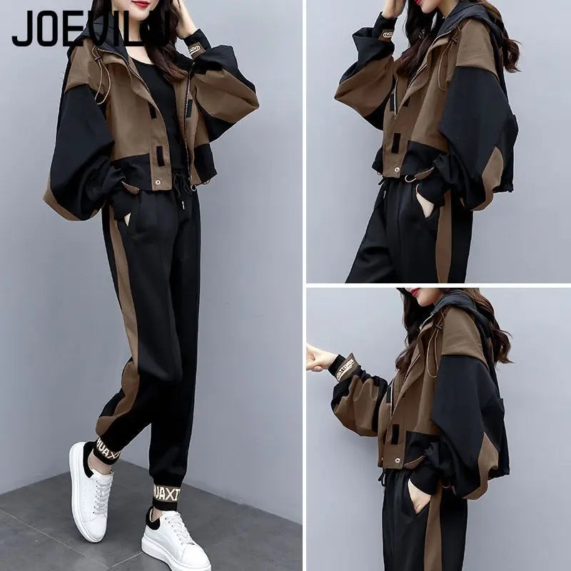 JOEVILU 2PCS Casual Tracksuit Loose Jacket Track Pants 2 Piece Sets Women's Outfits Spring/Autumn Korean Streetwear Leisure Suit Good Vibrations