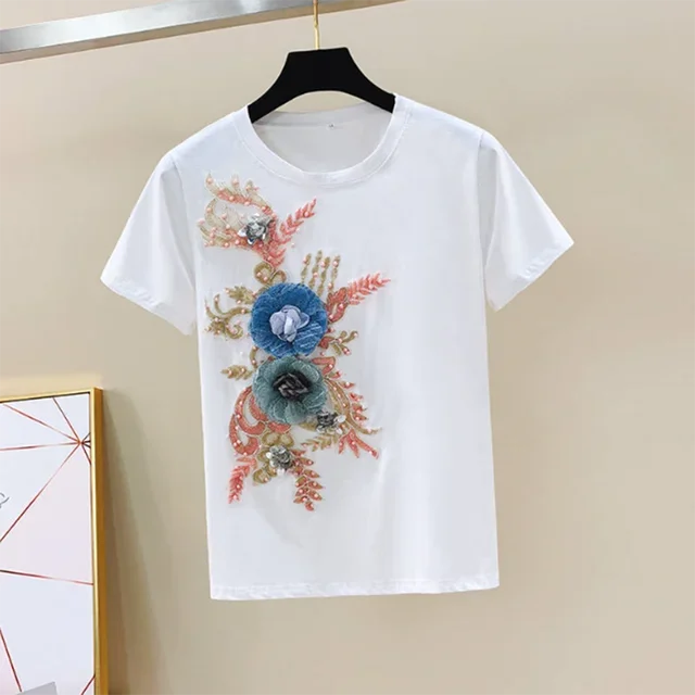 Two-Piece Suit 2025 Summer New Women Denim Pants Beading Embroidery Tshirt Tops+ High Waist Hole Jeans Female Casual Outfits Good Vibrations
