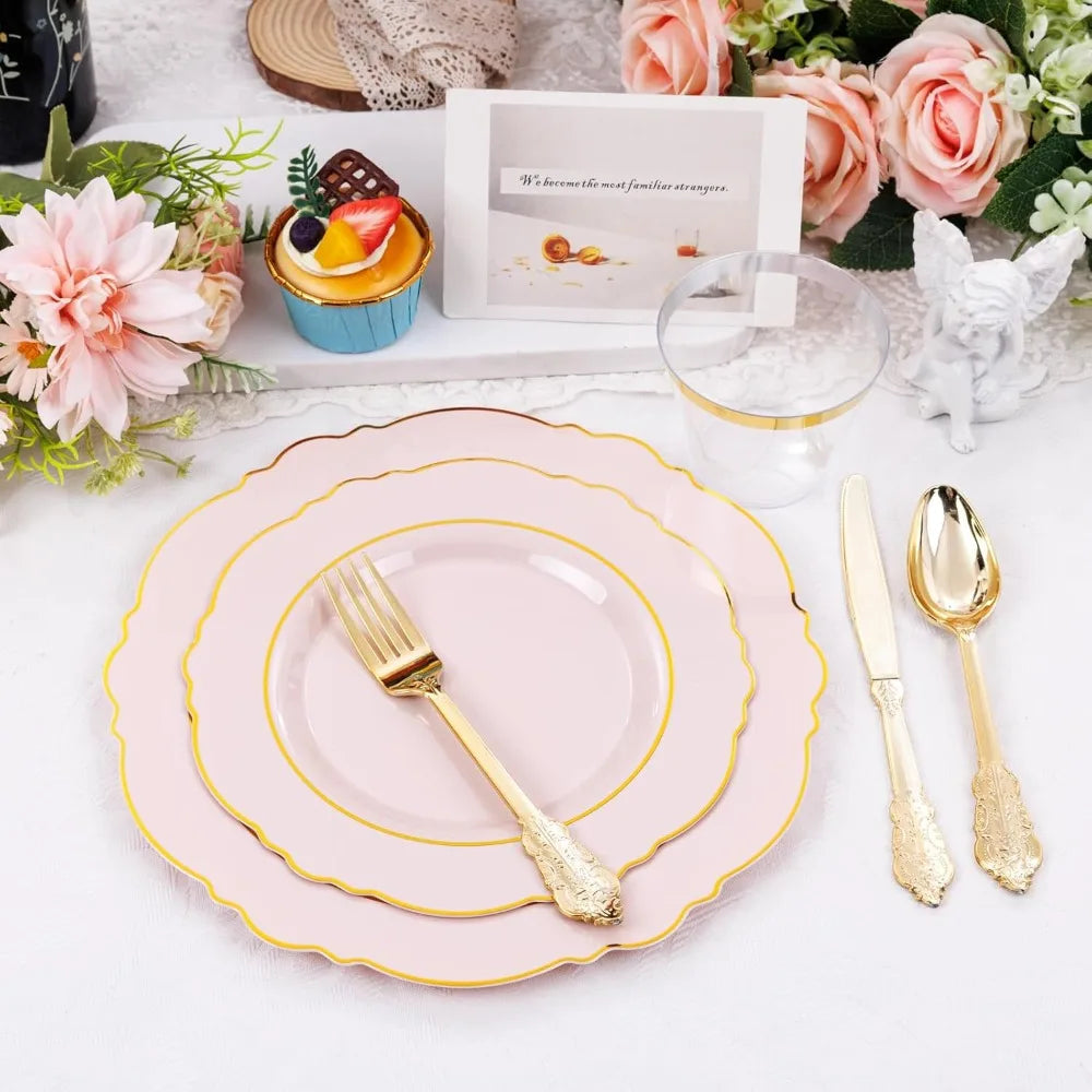 350PCS Pink Plates Disposable-50guest Baroque Plastic Dinnerware include 100Plates,50Pack Pre Rolled Napkins w/Silverware 50Cups Good Vibrations