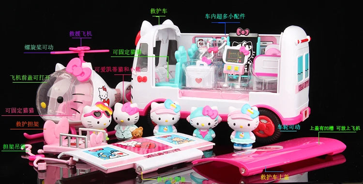 Original Cartoon Hello Kitty Cartoon Plane Ambulance Family Girl Toys Hobbies Action Figures Holiday Gifts for Children Good Vibrations