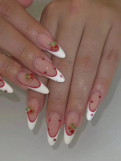 10 pieces of pure handmade almond-shaped nails, with white French tips and red cherry decorations. They are suitable for daily c Good Vibrations