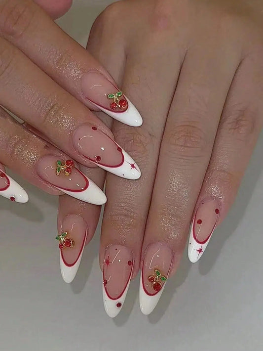 10 pieces of pure handmade almond-shaped nails, with white French tips and red cherry decorations. They are suitable for daily c Good Vibrations